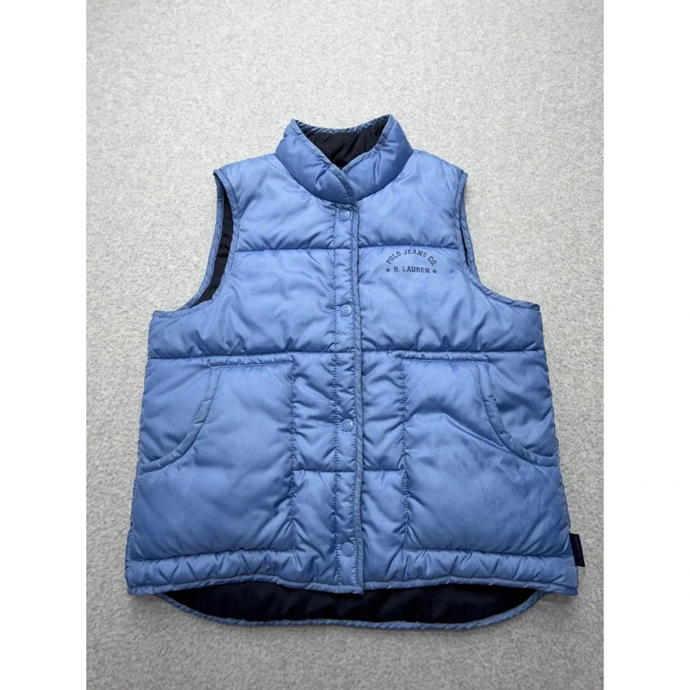 Polo Jeans Co Ralph Lauren Vest‎ Mens Medium Blue Quilted Snap Puffer Outdoor
